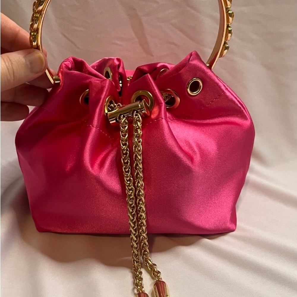 Elegant Pink Satin Women's Bag with Gold Accents